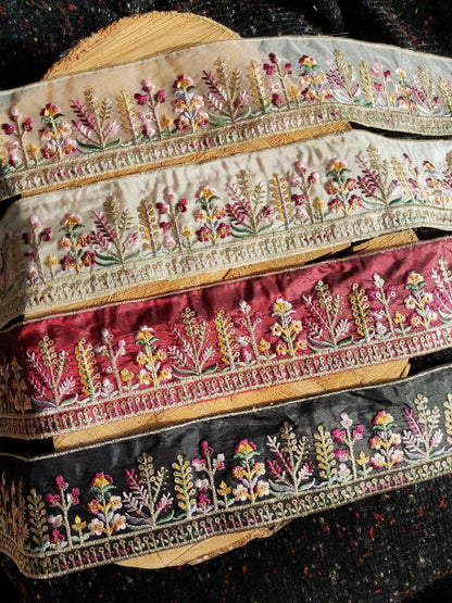 Cottage garden Floral Sheer Ribbon Trim with Sequin -Gold Embroidered Border on Mesh Net Fabric -Per Yard- 6.5cm Width Flower Meadow Edging