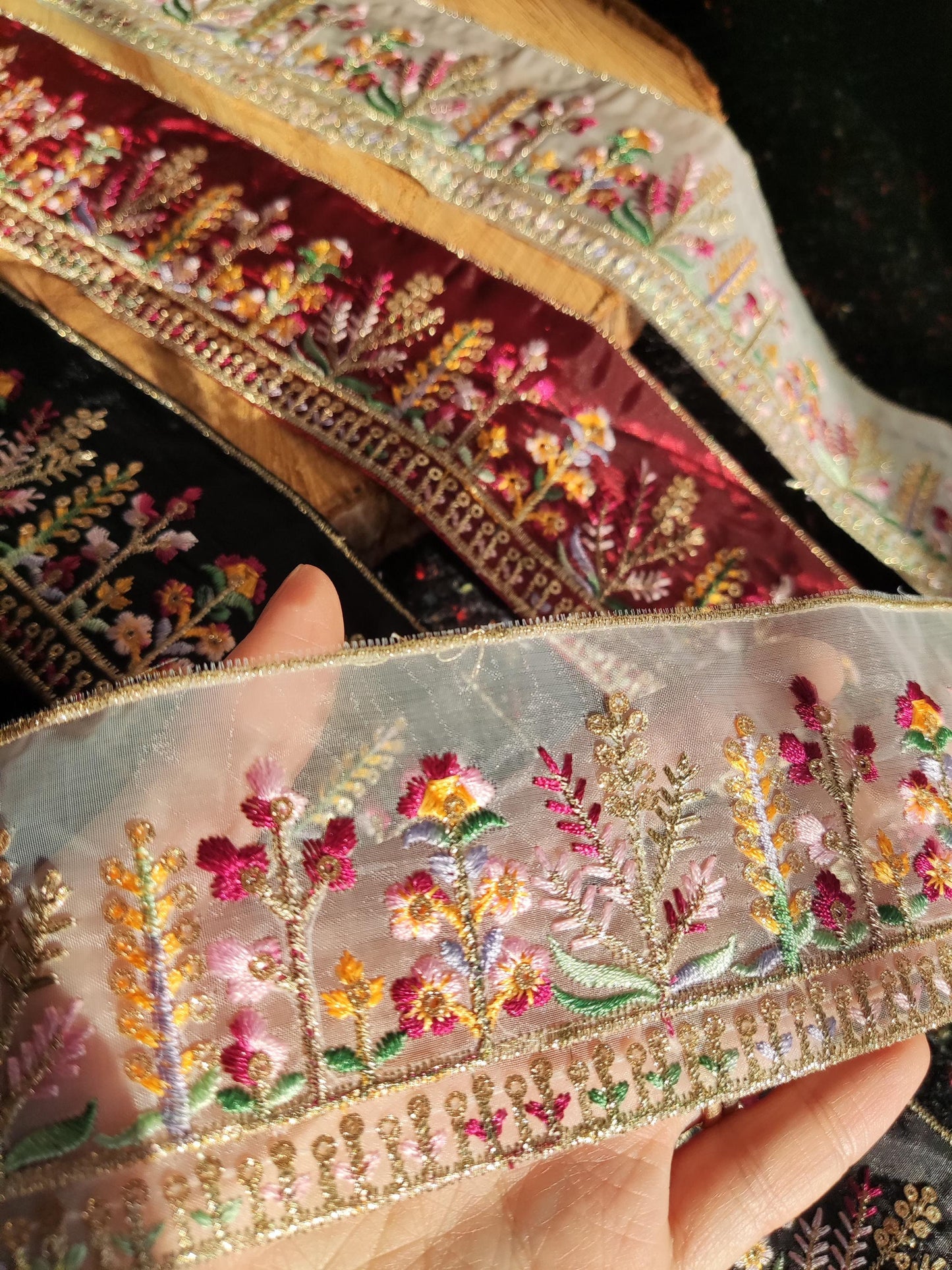 Cottage garden Floral Sheer Ribbon Trim with Sequin -Gold Embroidered Border on Mesh Net Fabric -Per Yard- 6.5cm Width Flower Meadow Edging