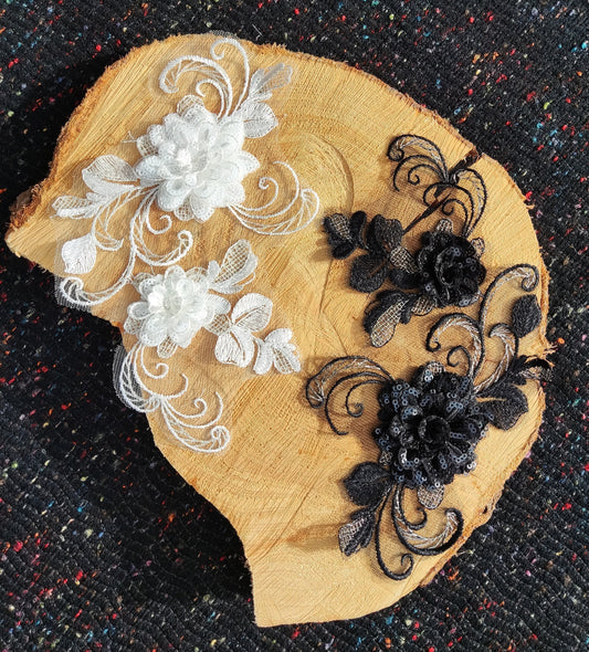 Sew on White Floral Sequined Applique- Flower Organza Motif Embellishments- Rose Swirl- For Wedding Dress, Bridal Gown DIY