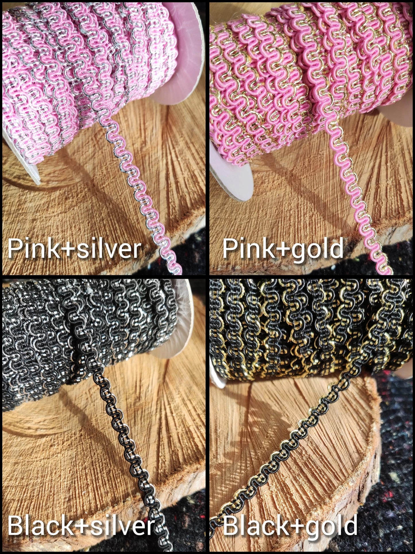 Metallic Ric Rac Two tone Braid Trim- 5mm width Narrow Wavy S Shape Border- Per yard - For Doll Clothes, Costume DIY, Upholstery Decor