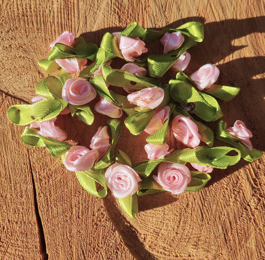 10PC- Small Satin Ribbon Rose Buds -Flower Embellishments- Pink or Red colours