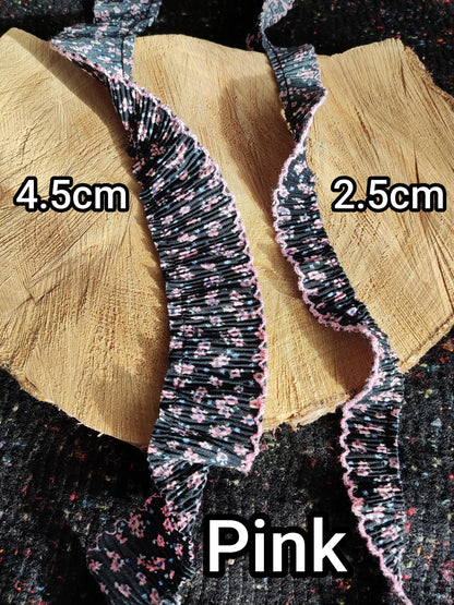 Sweet Floral Pleated Chiffon Trim with Scallop Edge- Per yard -Frilly Border for Doll clothes, Dressmaking