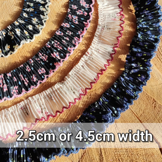 Sweet Floral Pleated Chiffon Trim with Scallop Edge- Per yard -Frilly Border for Doll clothes, Dressmaking