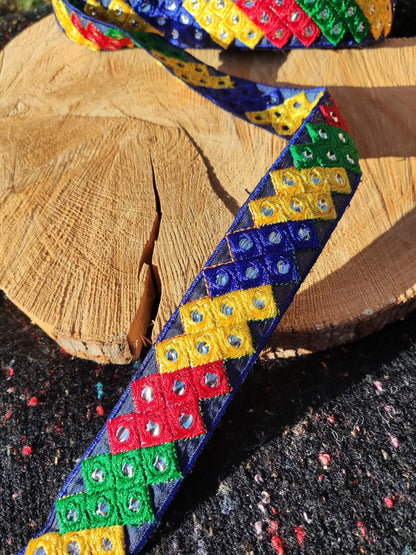 Block Game Inspired Embroidered Retro Trim- 3.5cm Width Mirror work Geometric Pixel Design Border- Per yard -Cushion making, Game room decor