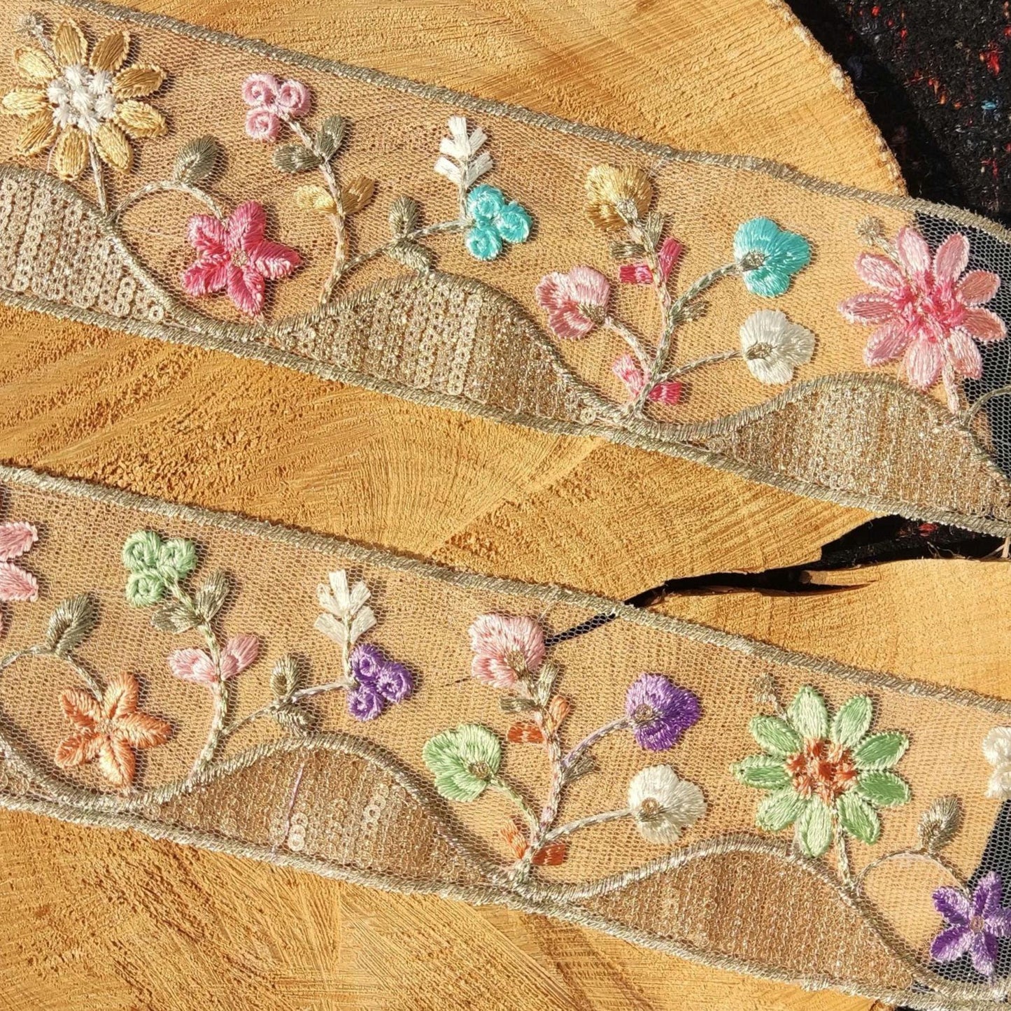 Cottage Garden Embroidered Floral Sheer Ribbon Trim with Sequin- 6cm Gold Flower Mesh Net -Per yard -DIY Craft Embellishment, Dress making