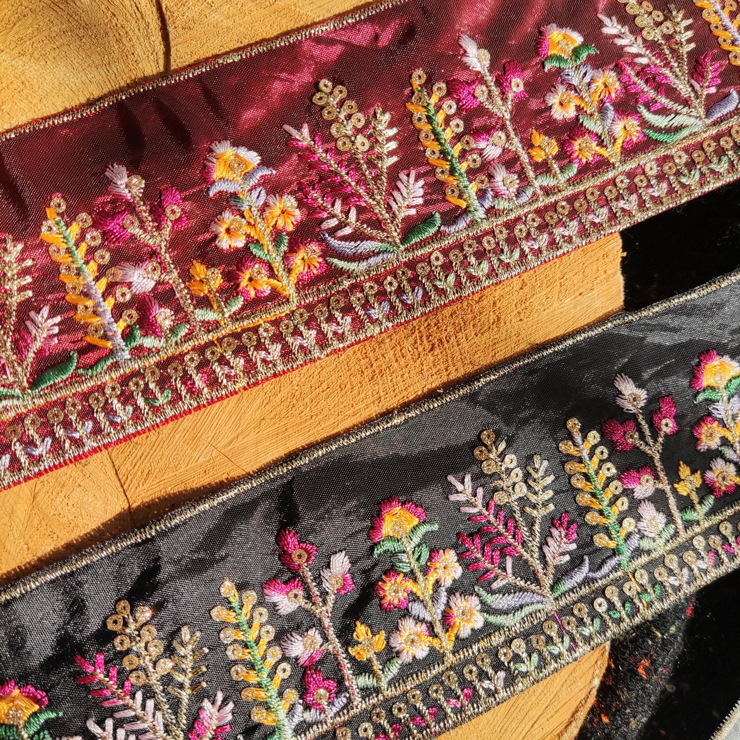 Cottage garden Floral Sheer Ribbon Trim with Sequin -Gold Embroidered Border on Mesh Net Fabric -Per Yard- 6.5cm Width Flower Meadow Edging