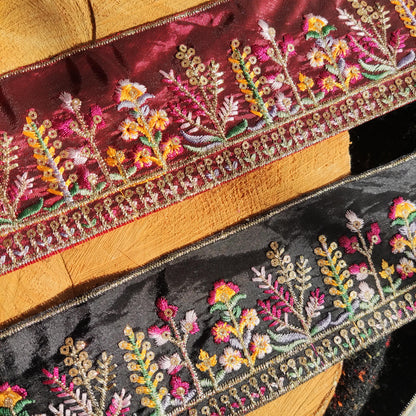 Cottage garden Floral Sheer Ribbon Trim with Sequin -Gold Embroidered Border on Mesh Net Fabric -Per Yard- 6.5cm Width Flower Meadow Edging