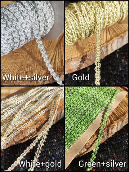 Metallic Ric Rac Two tone Braid Trim- 5mm width Narrow Wavy S Shape Border- Per yard - For Doll Clothes, Costume DIY, Upholstery Decor