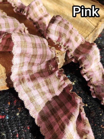 Country Gingham Ruffle Trim with Scallop Edge-Tartan Plaid Frilly Border- Per yard -For Doll Clothes DIY, Scrunchie, Dressmaking