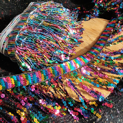 Rainbow Sequin Tassel Trim: 16cm Sparkly Fringe for Dancewear, Costume- Sold by the yard