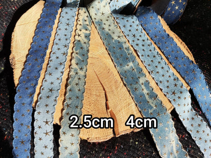 3D Gold Star Denim Ribbon with Embroidered Scallop Edge- 25mm or 40mm width- Per yard -For Acid wash Jeans DIY, Hatband, Bag making