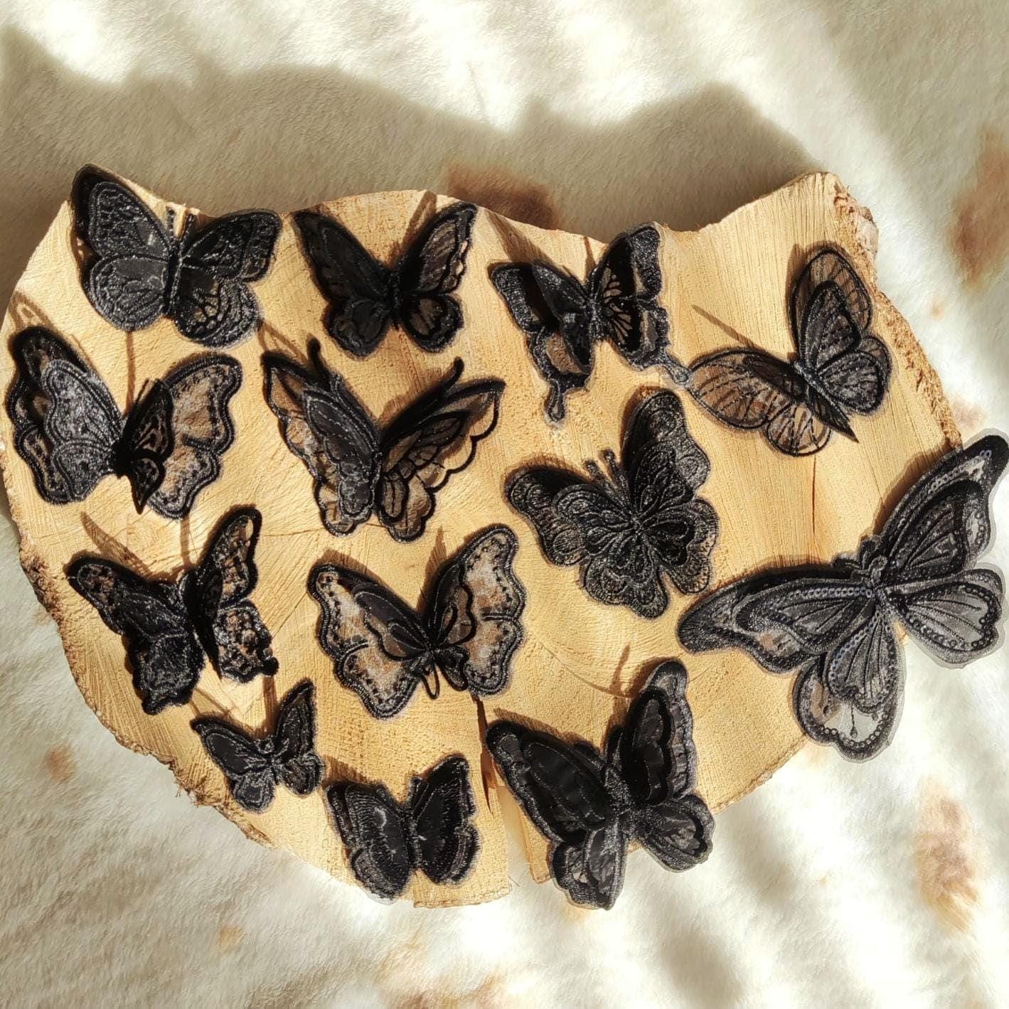 Black Butterfly Lace Sew on Appliqué -Delicate double layered organza Embroidery Motif Patch -DIY Bridal Dressmaking, Wedding veil