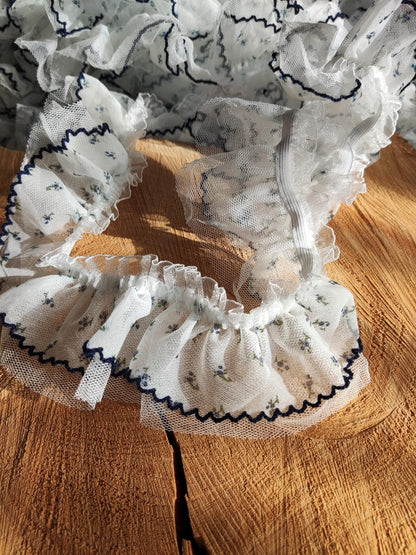 Stretchy Double layered Floral Ruffle Trim- 6cm width Navy Blue Elastic Flower Border- For Clothes DIY, Doll making, Dressmaking