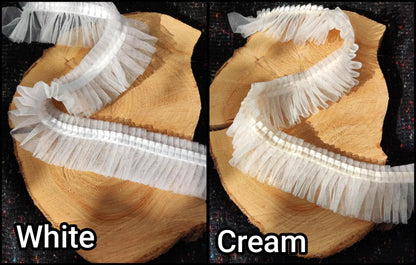 Pleated Tulle Ruffle Trim with Satin ribbon edge- Per Yard- 6cm width Frilly Border For Doll Making, TuTu Skirt DIY, Bridal Gown embellishme
