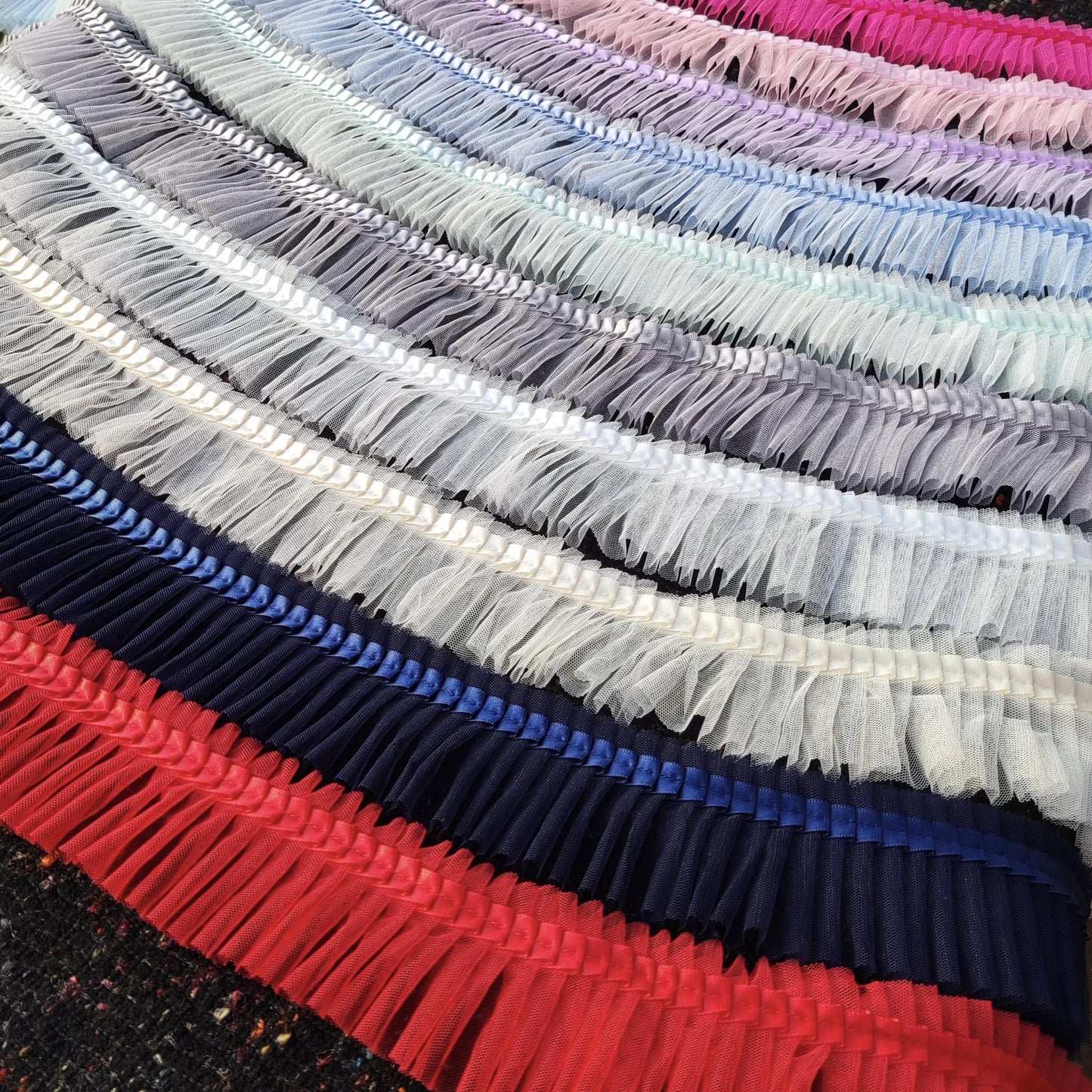 Pleated Tulle Ruffle Trim with Satin ribbon edge- Per Yard- 6cm width Frilly Border For Doll Making, TuTu Skirt DIY, Bridal Gown embellishme