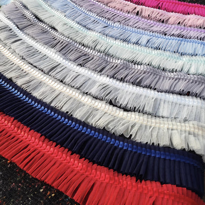 Pleated Tulle Ruffle Trim with Satin ribbon edge- Per Yard- 6cm width Frilly Border For Doll Making, TuTu Skirt DIY, Bridal Gown embellishme