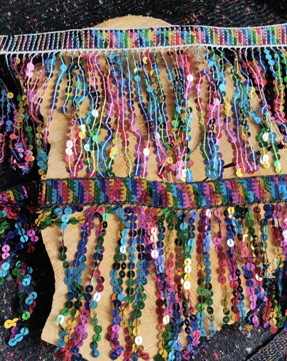 Rainbow Sequin Tassel Trim: 16cm Sparkly Fringe for Dancewear, Costume- Sold by the yard
