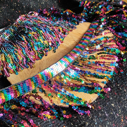 Rainbow Sequin Tassel Trim: 16cm Sparkly Fringe for Dancewear, Costume- Sold by the yard