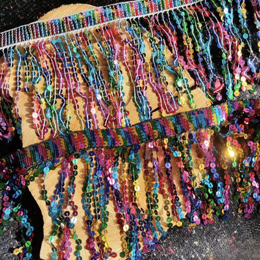 Rainbow Sequin Tassel Trim: 16cm Sparkly Fringe for Dancewear, Costume- Sold by the yard