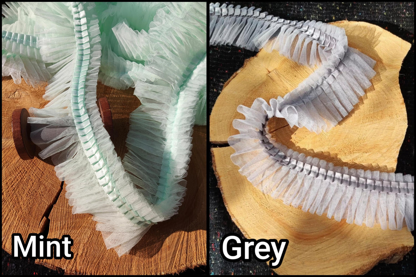 Pleated Tulle Ruffle Trim with Satin ribbon edge- Per Yard- 6cm width Frilly Border For Doll Making, TuTu Skirt DIY, Bridal Gown embellishme