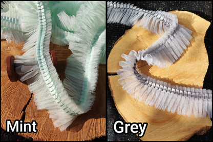 Pleated Tulle Ruffle Trim with Satin ribbon edge- Per Yard- 6cm width Frilly Border For Doll Making, TuTu Skirt DIY, Bridal Gown embellishme