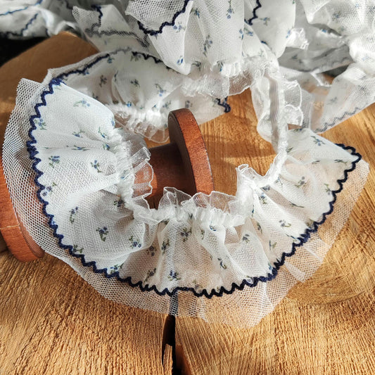 Stretchy Double layered Floral Ruffle Trim- 6cm width Navy Blue Elastic Flower Border- For Clothes DIY, Doll making, Dressmaking