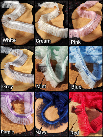 Pleated Tulle Ruffle Trim with Satin ribbon edge- Per Yard- 6cm width Frilly Border For Doll Making, TuTu Skirt DIY, Bridal Gown embellishme
