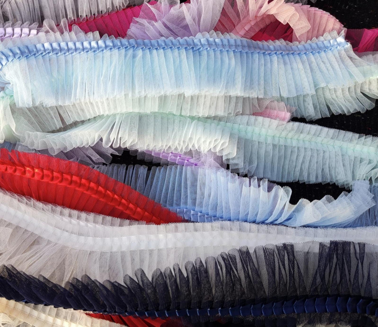 Pleated Tulle Ruffle Trim with Satin ribbon edge- Per Yard- 6cm width Frilly Border For Doll Making, TuTu Skirt DIY, Bridal Gown embellishme