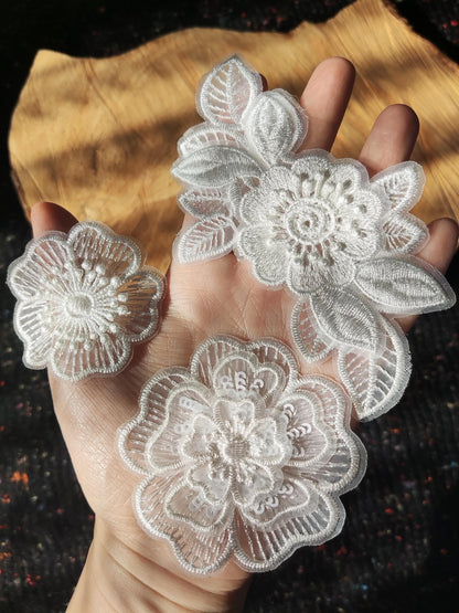 White Flower Bridal Lace Organza Sew on Applique -Embroidered Rose Motif with Sequin-Embellishment for Veil DIY, Wedding Dress decoration