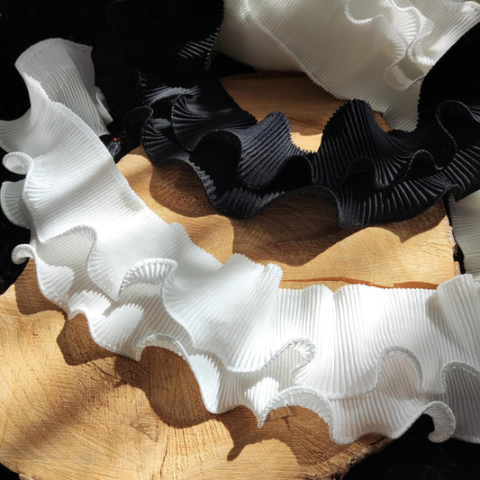 Double Layer Pleated Chiffon Trim with Rigid Curly Edge -Per yard- 8cm wide Border for Costume making, Bridal gown, Wedding dress DIY