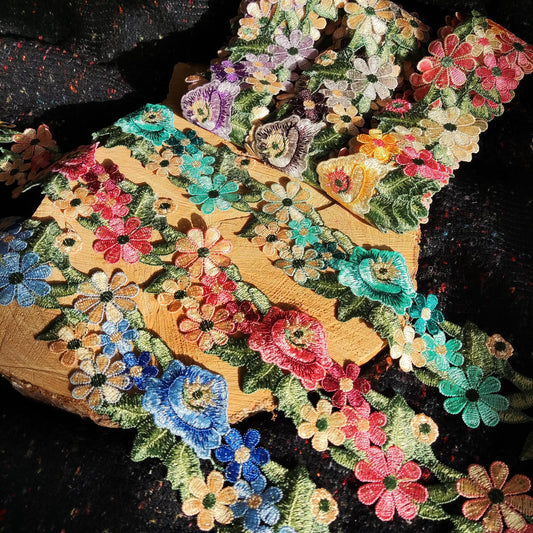 6.5cm Bright Embroidered Flower Ribbon Trim- Multicolored Floral Lace - Per yard-  For Dressmaking, Home Decor, Doll Clothes, Costume DIY