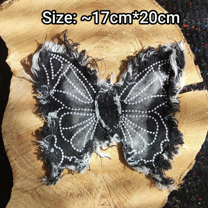 Large Black Denim Fray edge Butterfly patch -1pc Sew on Embroidered Motif -For Jeans embellishment, Jacket DIY, Bag making