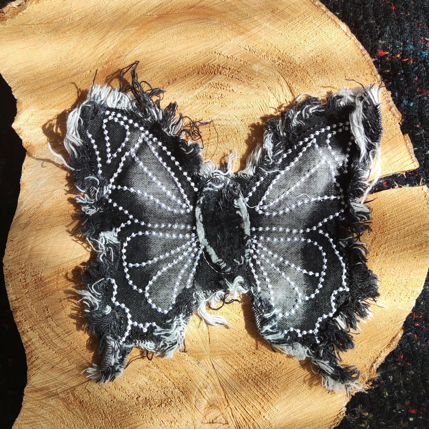 Large Black Denim Fray edge Butterfly patch -1pc Sew on Embroidered Motif -For Jeans embellishment, Jacket DIY, Bag making