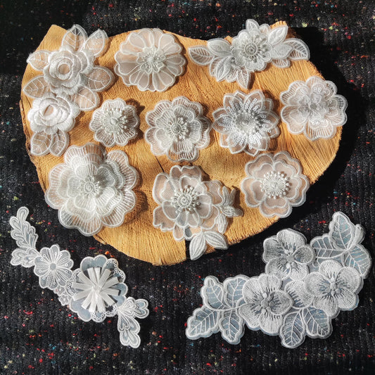 White Flower Bridal Lace Organza Sew on Applique -Embroidered Rose Motif with Sequin-Embellishment for Veil DIY, Wedding Dress decoration
