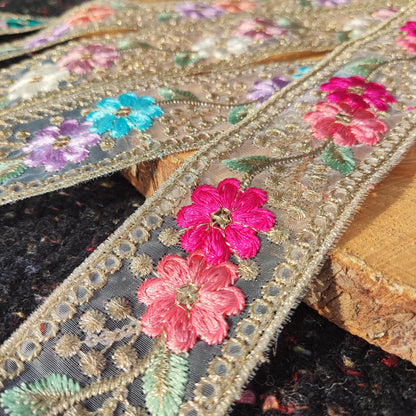 Embroidered Sheer Organza Floral Trim with Gold Sequins- 4.5cm wide Flower Mesh Ribbon -Per yard -For Sewing, Costume DIY, Home decor