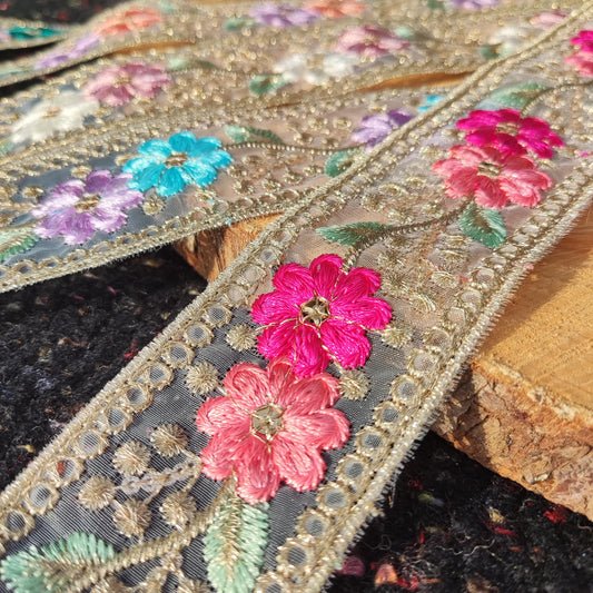 Embroidered Sheer Organza Floral Trim with Gold Sequins- 4.5cm wide Flower Mesh Ribbon -Per yard -For Sewing, Costume DIY, Home decor