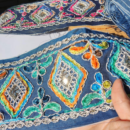 12cm Wide Heavily Embroidered Denim Ribbon Trim– Metallic Thread, Sequins, Frayed Edge  Border- For Dressmaking, Home decor