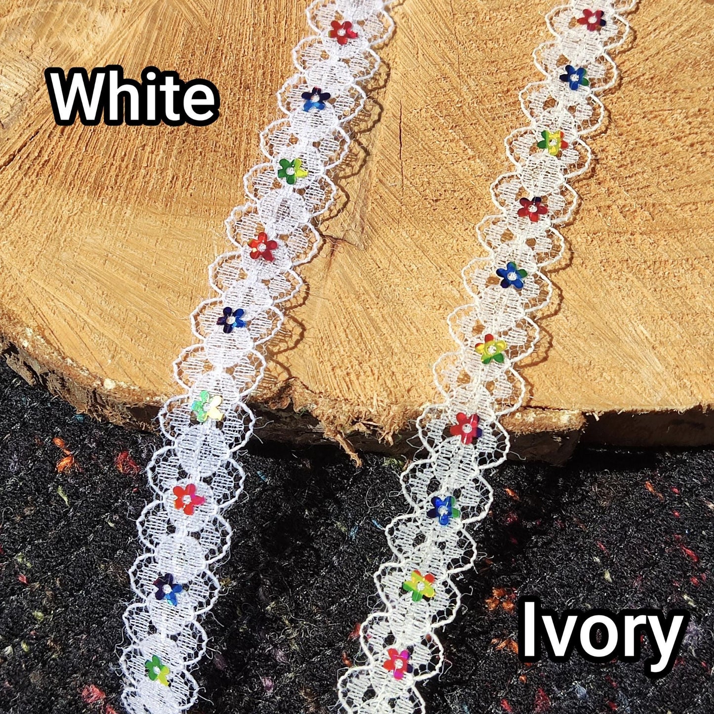 Delicate Lace trim with Rainbow Sequin Flower-1.5cm White/Ivory floral embellishment/edging-DIY Sewing/Doll Making/Scrapbooking/Junk journal