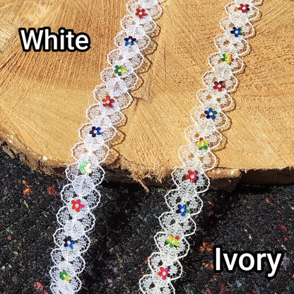 Delicate Lace trim with Rainbow Sequin Flower-1.5cm White/Ivory floral embellishment/edging-DIY Sewing/Doll Making/Scrapbooking/Junk journal
