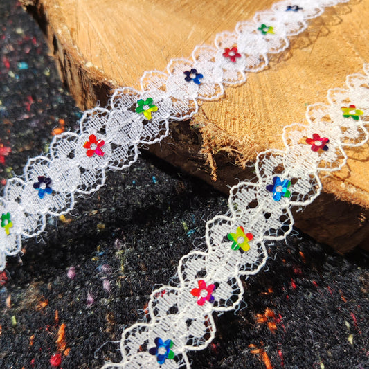 Delicate Lace trim with Rainbow Sequin Flower-1.5cm White/Ivory floral embellishment/edging-DIY Sewing/Doll Making/Scrapbooking/Junk journal