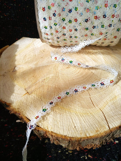 Delicate Lace trim with Rainbow Sequin Flower-1.5cm White/Ivory floral embellishment/edging-DIY Sewing/Doll Making/Scrapbooking/Junk journal
