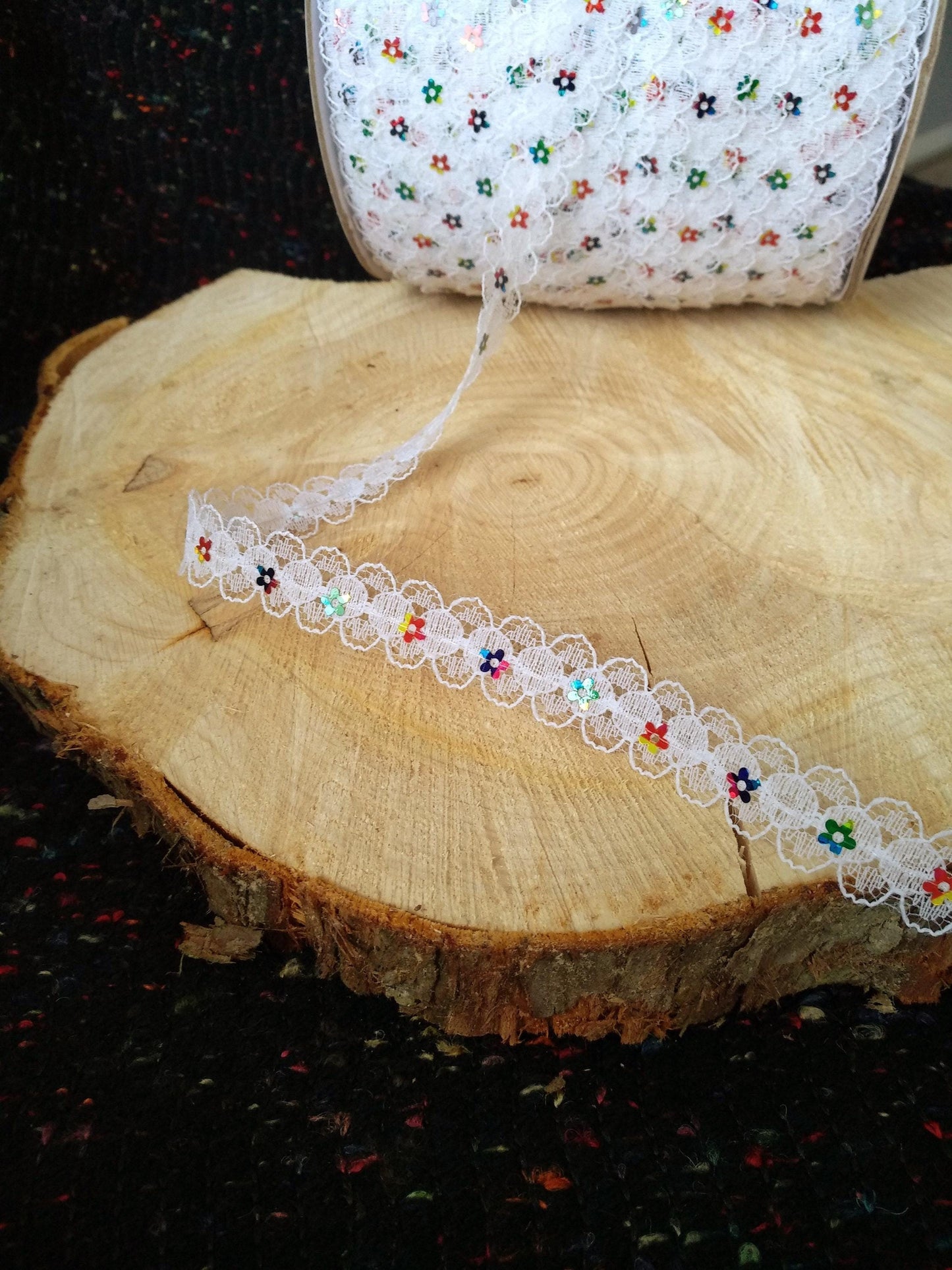 Delicate Lace trim with Rainbow Sequin Flower-1.5cm White/Ivory floral embellishment/edging-DIY Sewing/Doll Making/Scrapbooking/Junk journal