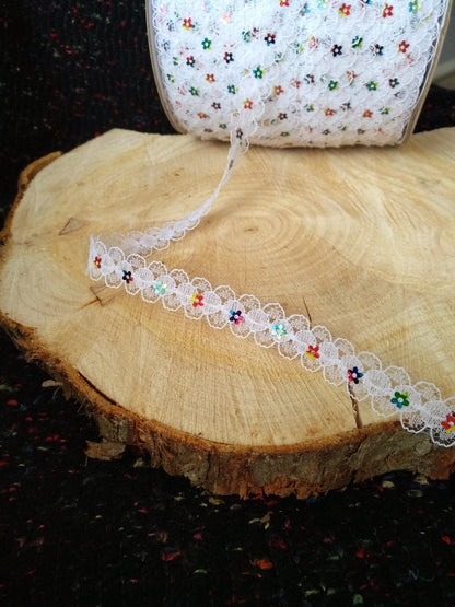 Delicate Lace trim with Rainbow Sequin Flower-1.5cm White/Ivory floral embellishment/edging-DIY Sewing/Doll Making/Scrapbooking/Junk journal