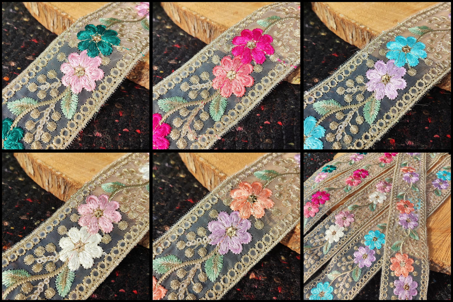 Embroidered Sheer Organza Floral Trim with Gold Sequins- 4.5cm wide Flower Mesh Ribbon -Per yard -For Sewing, Costume DIY, Home decor