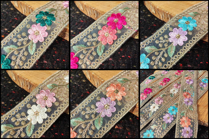 Embroidered Sheer Organza Floral Trim with Gold Sequins- 4.5cm wide Flower Mesh Ribbon -Per yard -For Sewing, Costume DIY, Home decor