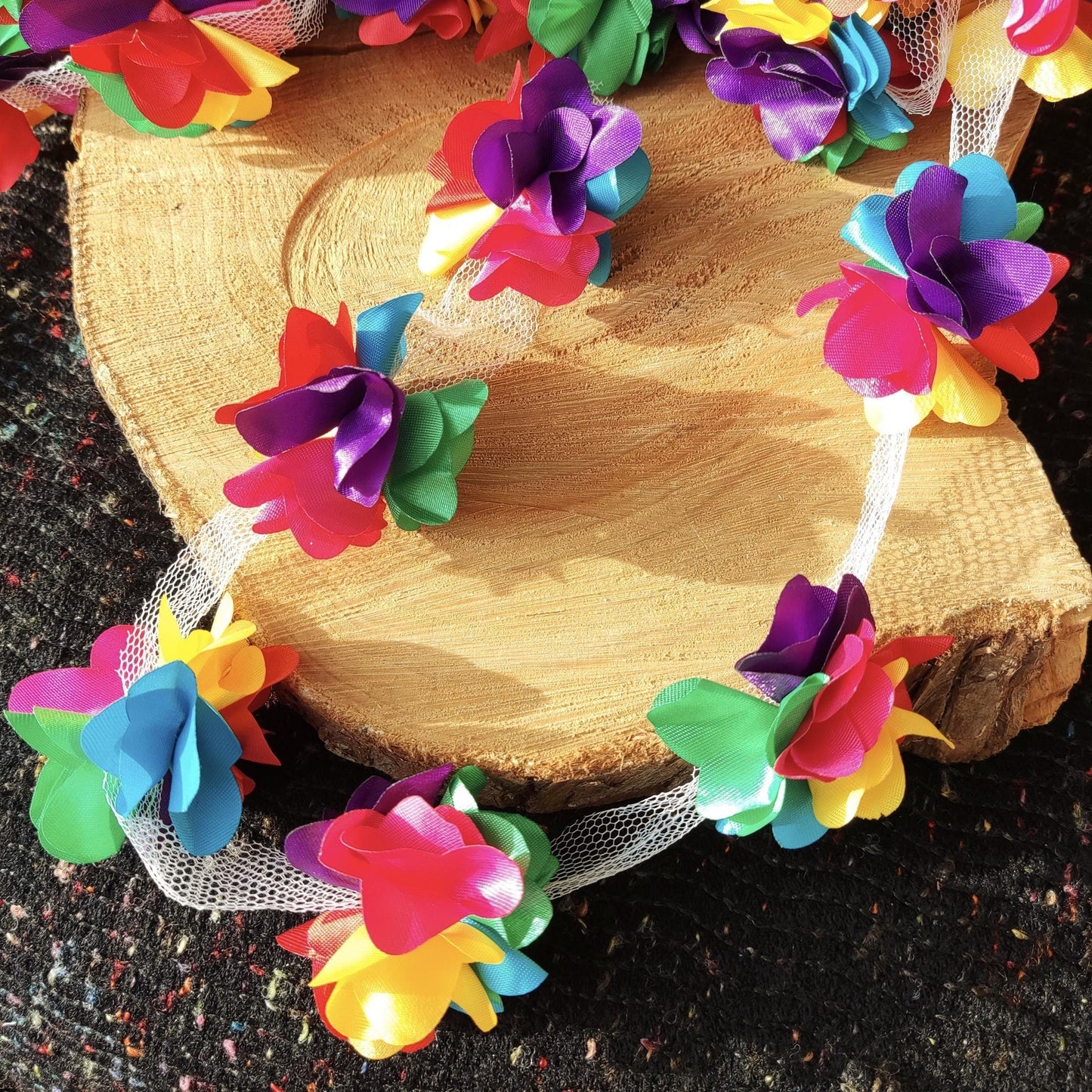 Rainbow Satin Flower Garland- Per yard -5cm Width 3D Ribbon Pom Pom Chain- Pride Costume, Festival, Carnival Parade, Party decoration