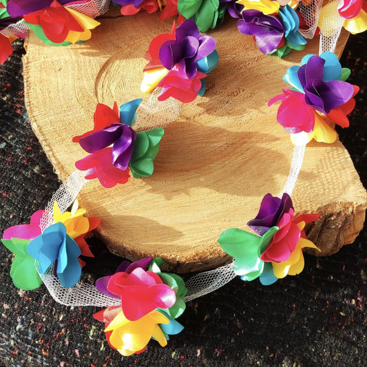Rainbow Satin Flower Garland- Per yard -5cm Width 3D Ribbon Pom Pom Chain- Pride Costume, Festival, Carnival Parade, Party decoration