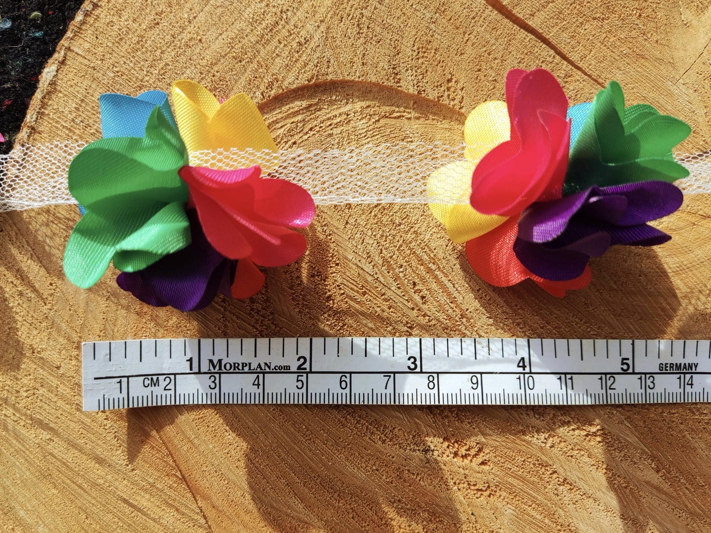 Rainbow Satin Flower Garland- Per yard -5cm Width 3D Ribbon Pom Pom Chain- Pride Costume, Festival, Carnival Parade, Party decoration