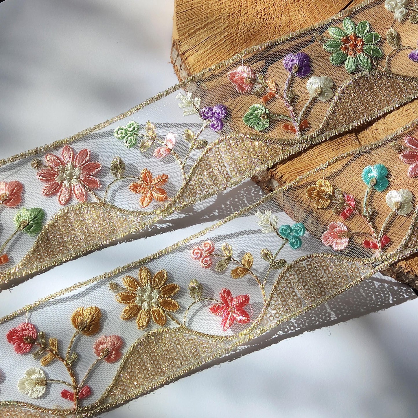 Cottage Garden Embroidered Floral Sheer Ribbon Trim with Sequin- 6cm Gold Flower Mesh Net -Per yard -DIY Craft Embellishment, Dress making