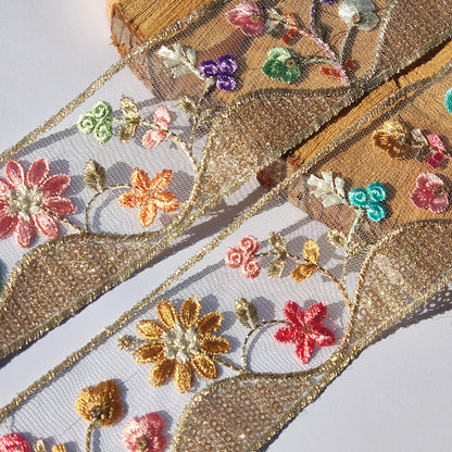 Cottage Garden Embroidered Floral Sheer Ribbon Trim with Sequin- 6cm Gold Flower Mesh Net -Per yard -DIY Craft Embellishment, Dress making